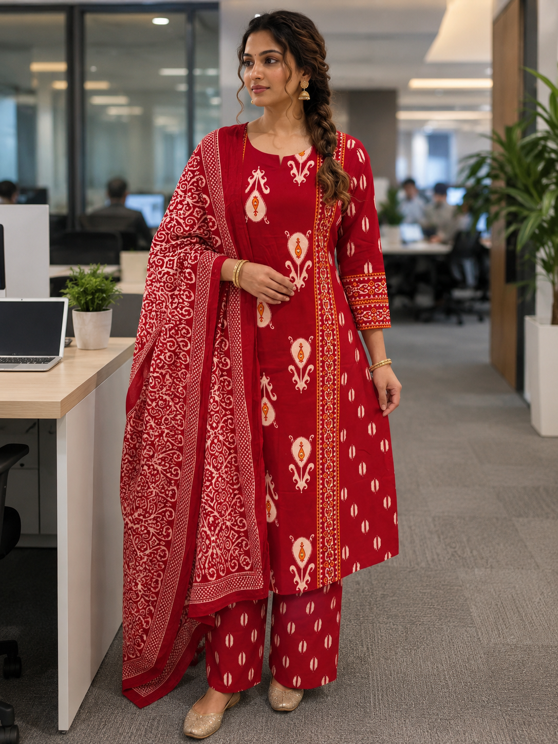 Red Sanganeri Print Anarkali Cotton Kurta Set