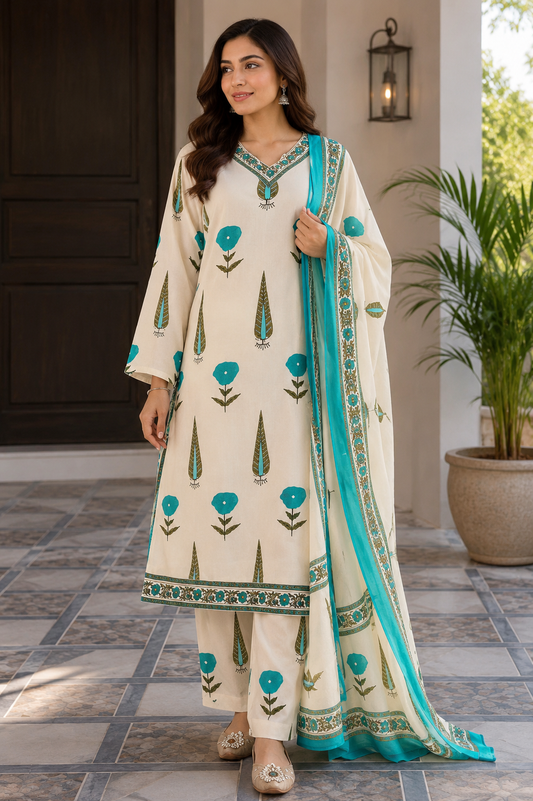 Premium Printed Cotton Kurta Set With Intricate Handwork