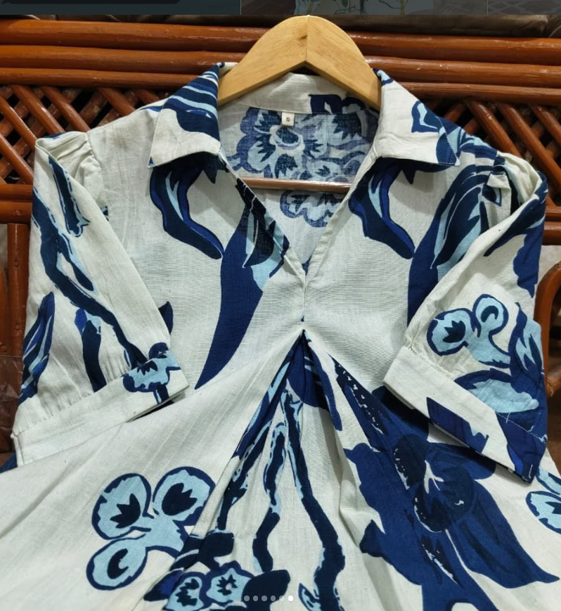 Cotton Flex Printed Blue Midi Dress