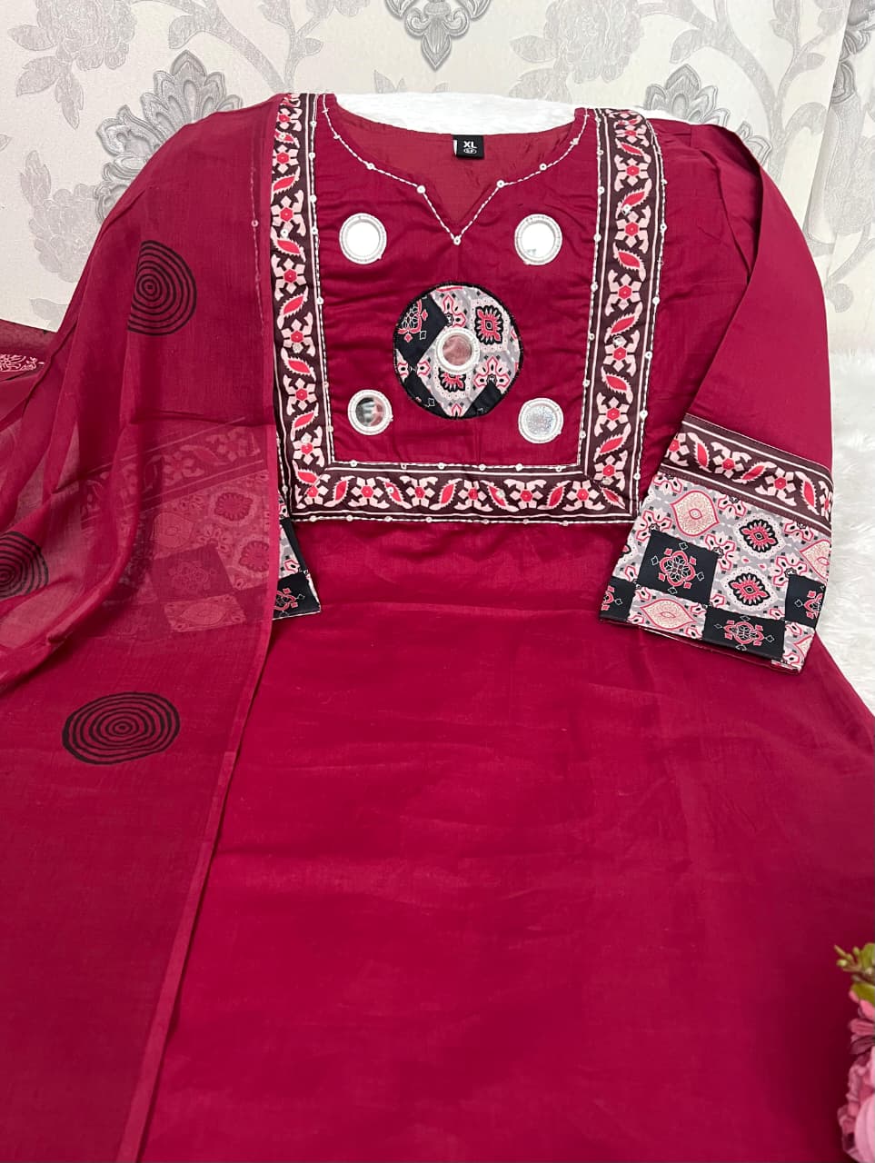 Elegant Maroon Mirror Work Cotton Kurta Set