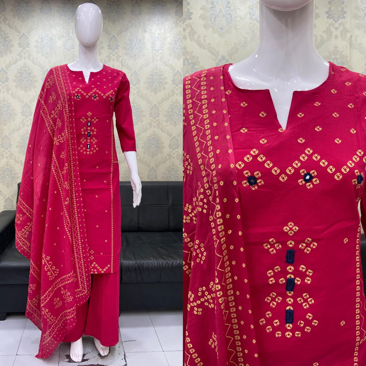 Bandhani Mirror-work Cotton Kurta 3-piece Set