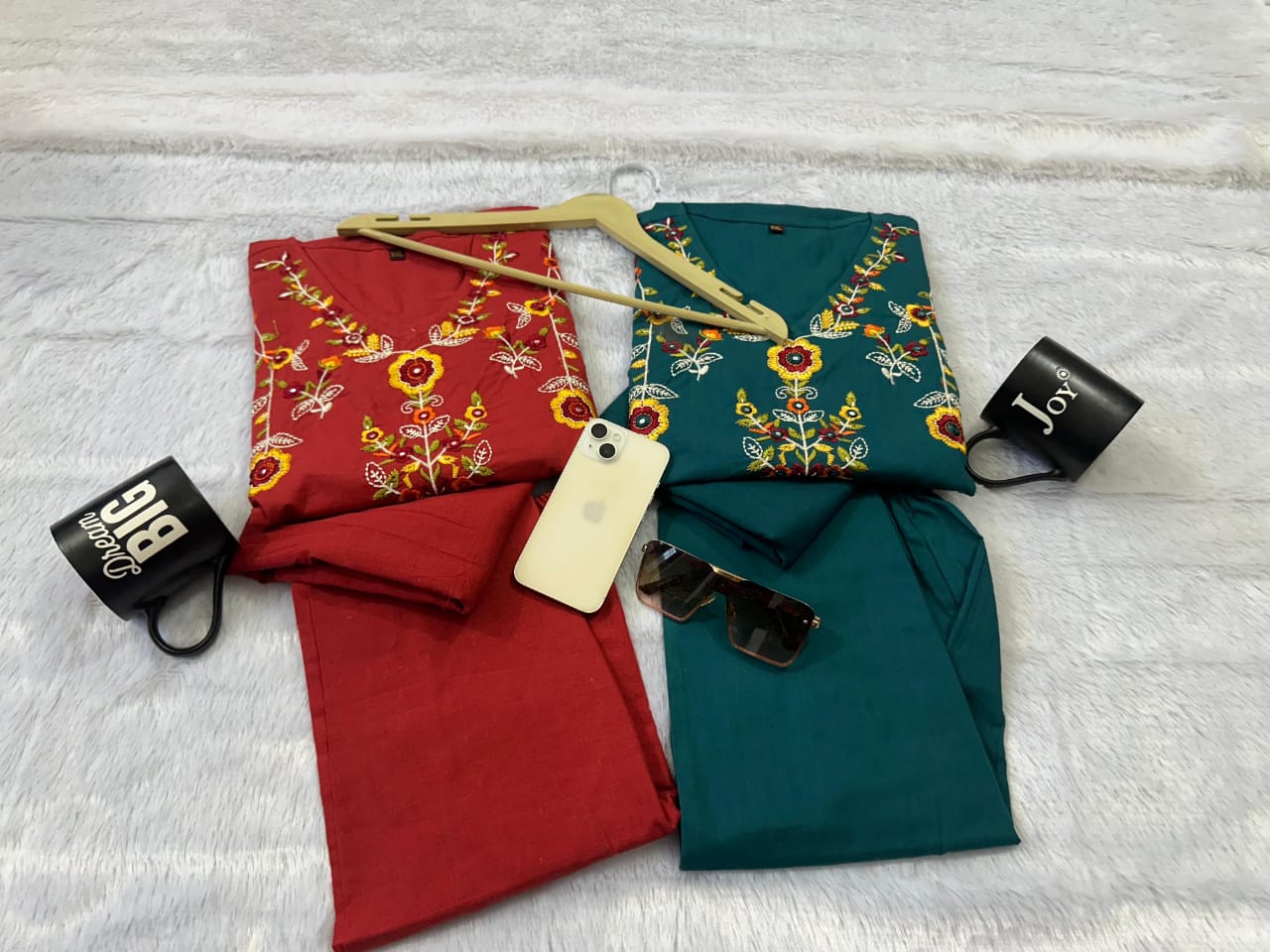 Handwork Embroidery Cotton Kurta 3-Piece Set
