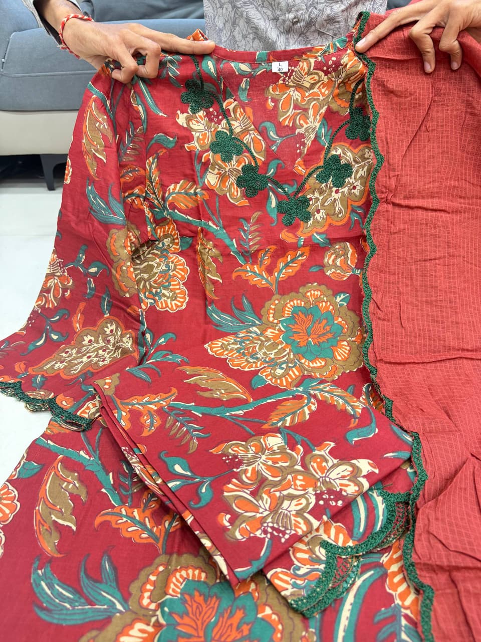 Graceful Red Embroidered Cotton Kurta Set