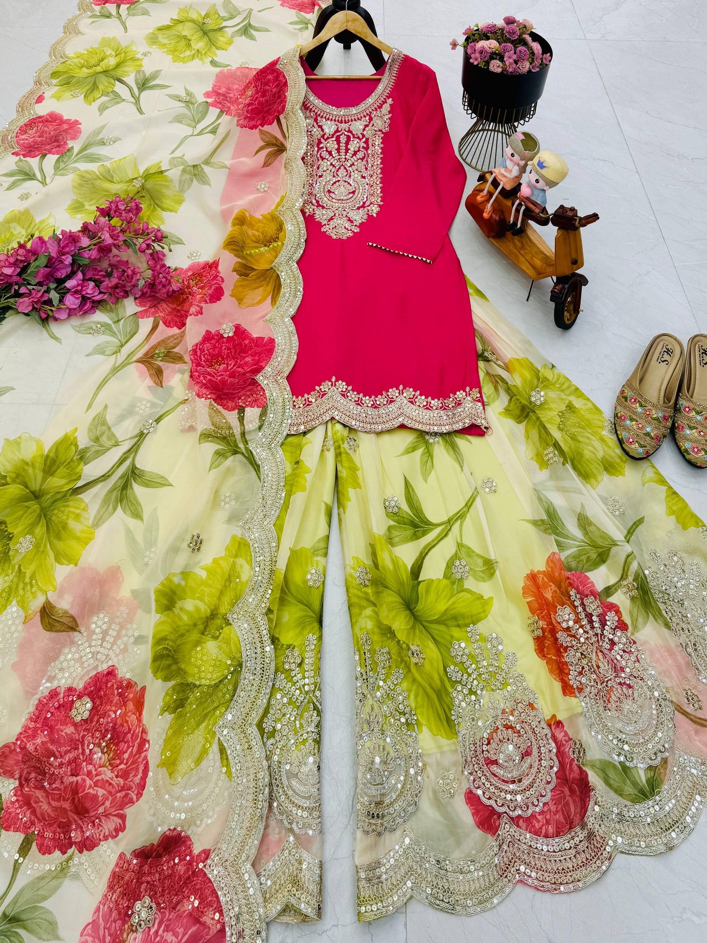 Stunning Designer Chinon Kurti Plazzo Set