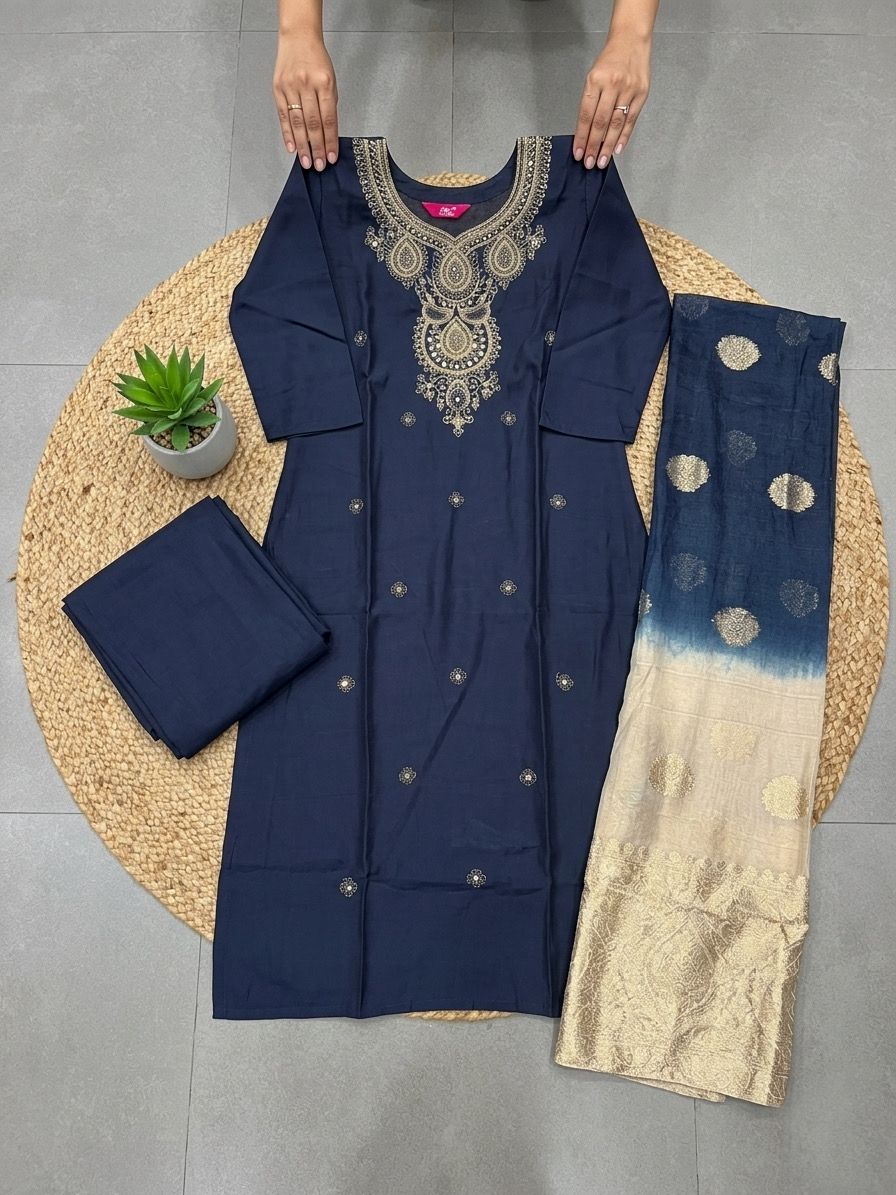 Festive Roman Silk Kurta Set With Chanderi Dupatta