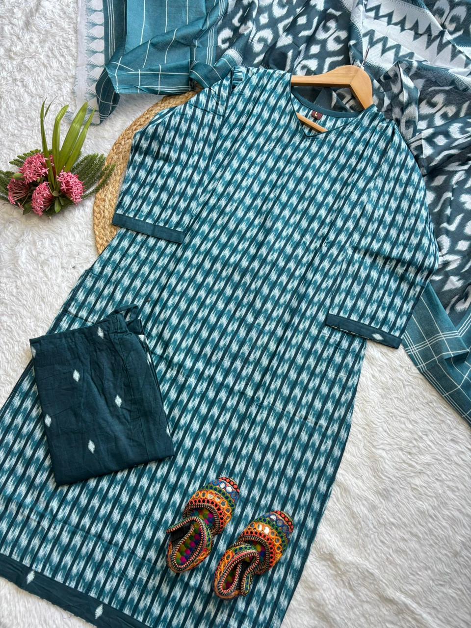 Premium Ikkat Print Cotton Kurta 3-Piece Set
