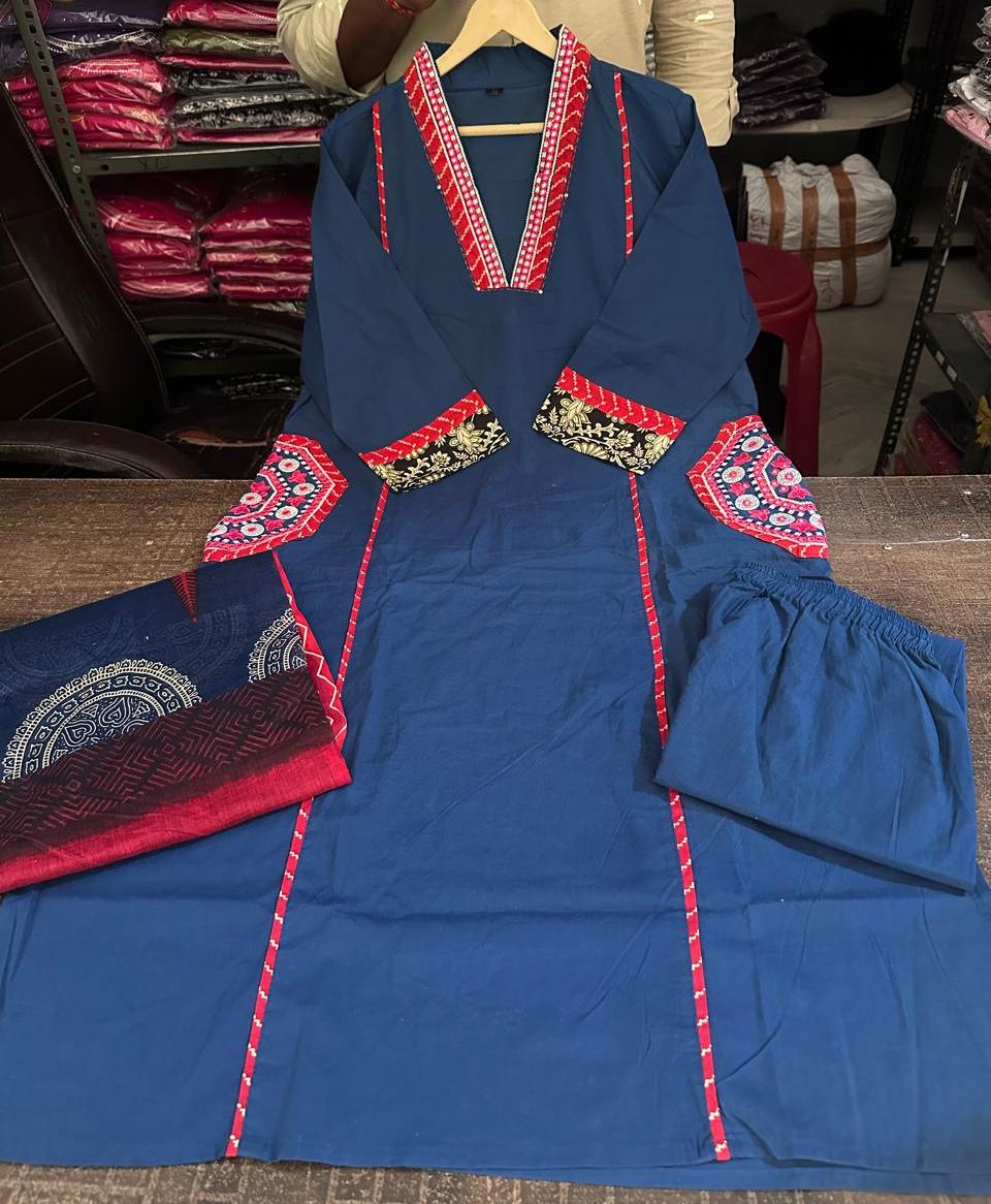 Charming Blue Cotton Kurta Dupatta Set