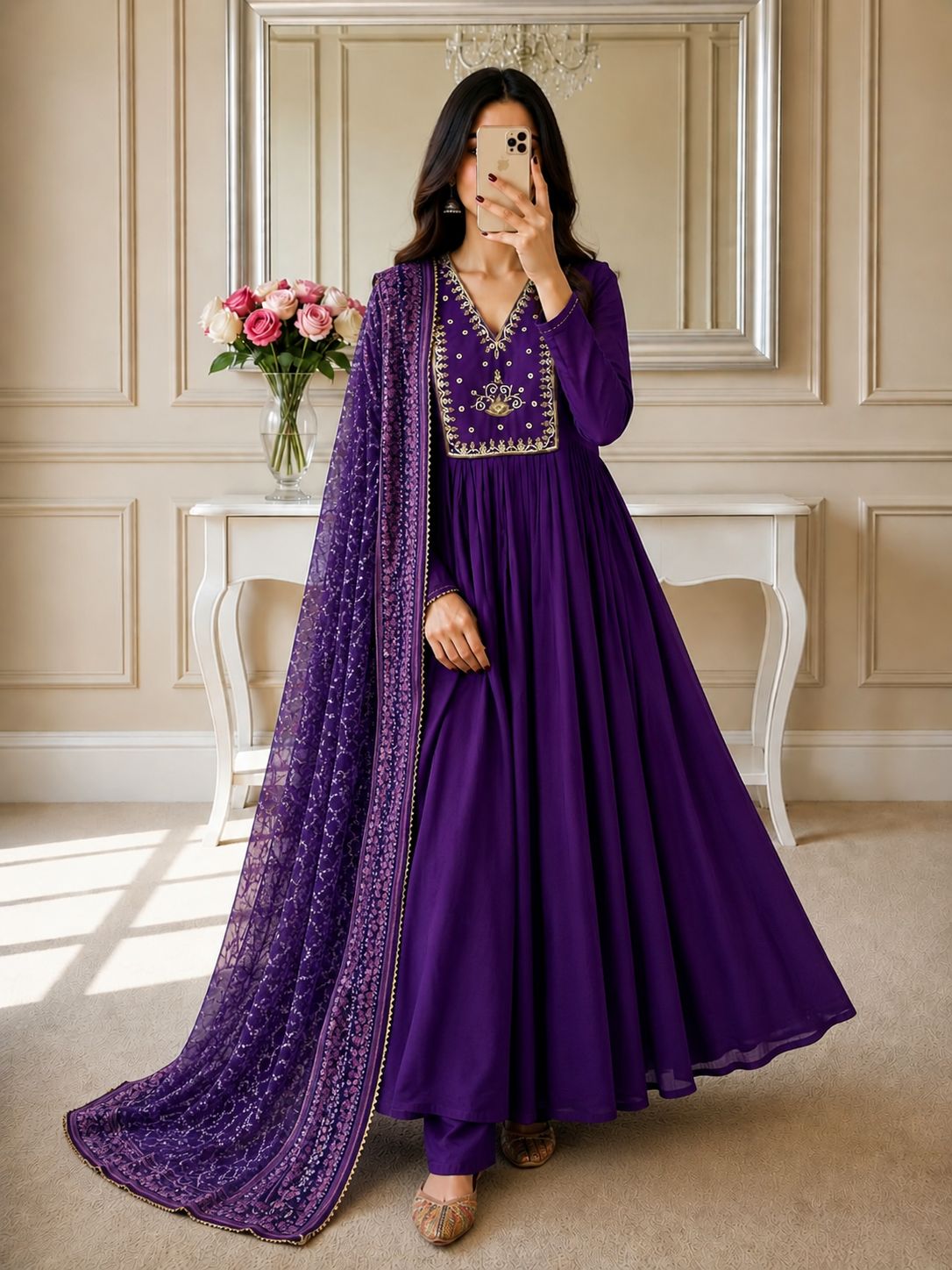 Elegant Chanderi Party Wear 3-Piece Gown Set