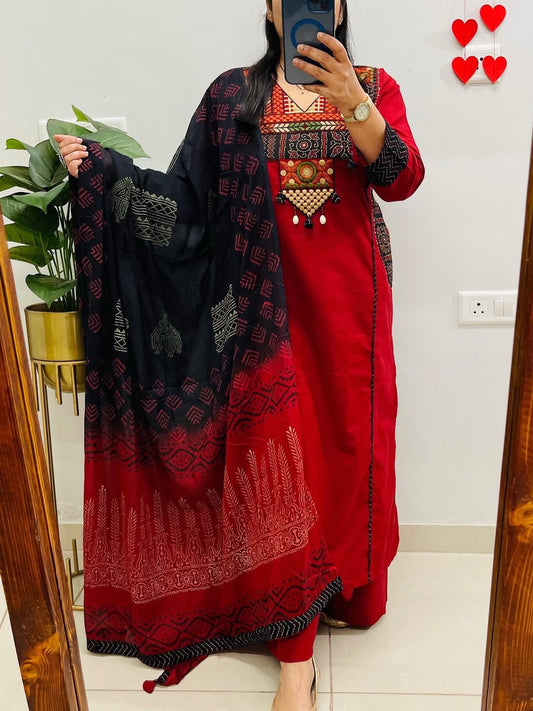 Elegant Red Embroidered Yoke Cotton Kurta Set