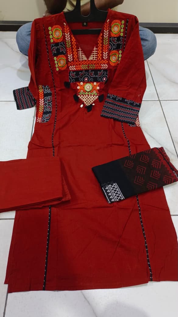 Elegant Red Embroidered Yoke Cotton Kurta Set