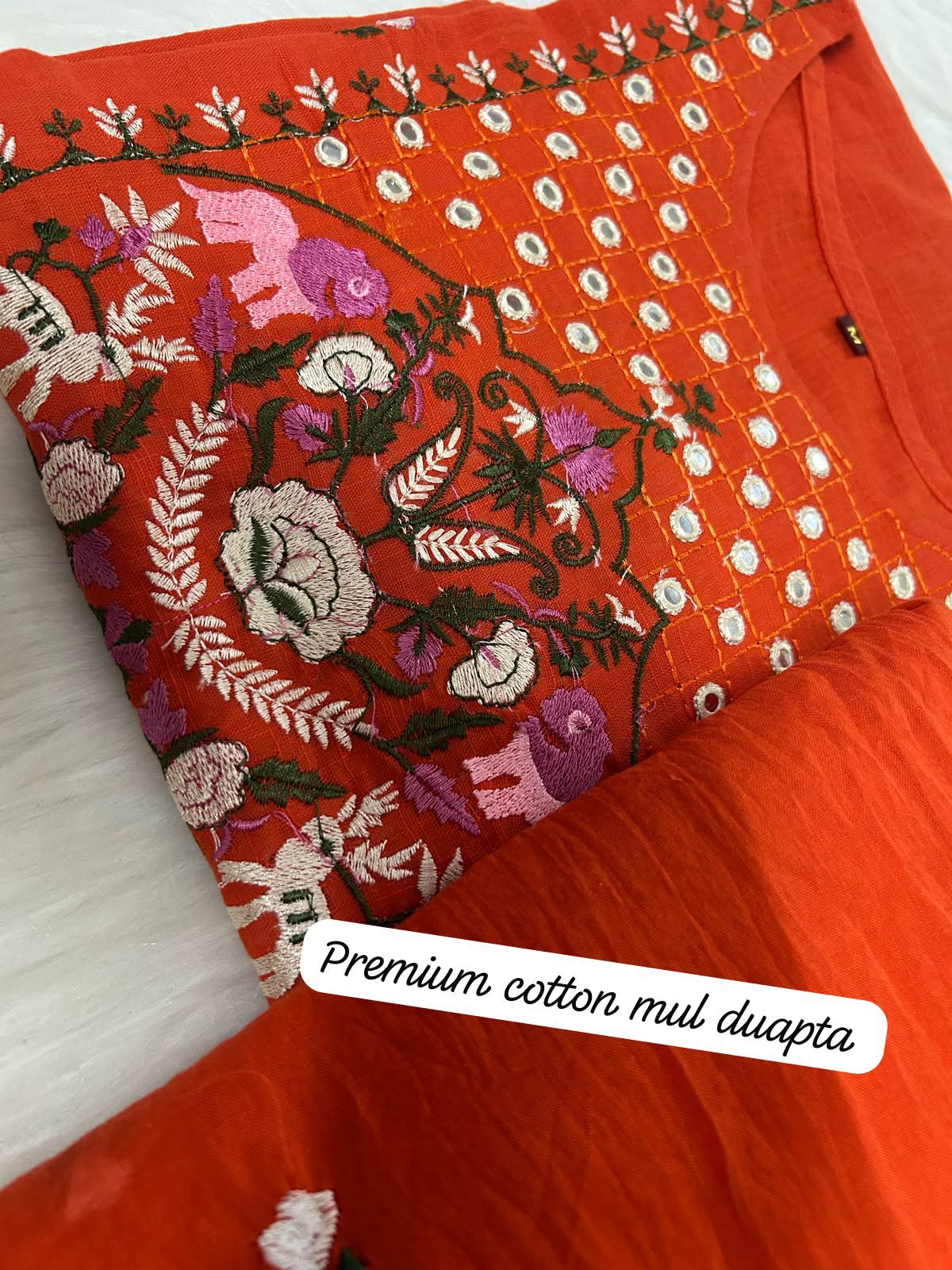 Summer Ornge Embroidered Cotton Kurta Set