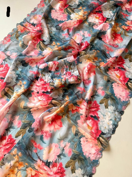 Gorgeous Heavy Satin Digital Print Georgette Saree