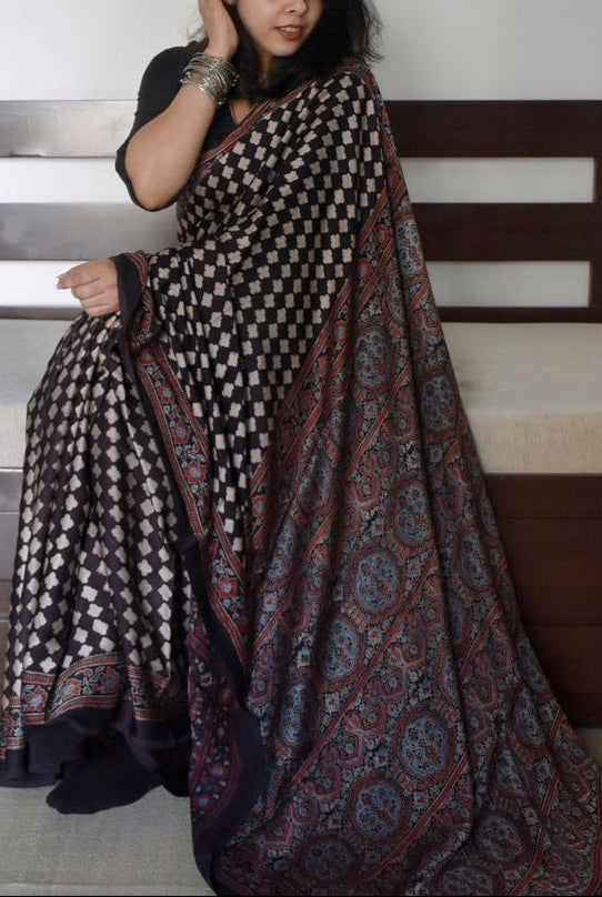 Ajrakh Digital Print Muslin Saree
