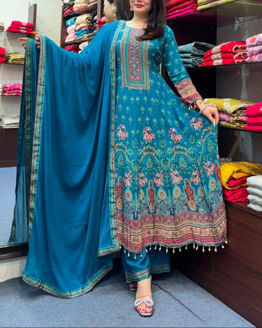 Rajasthani Blue Anarkali Plazo And Dupatta Set