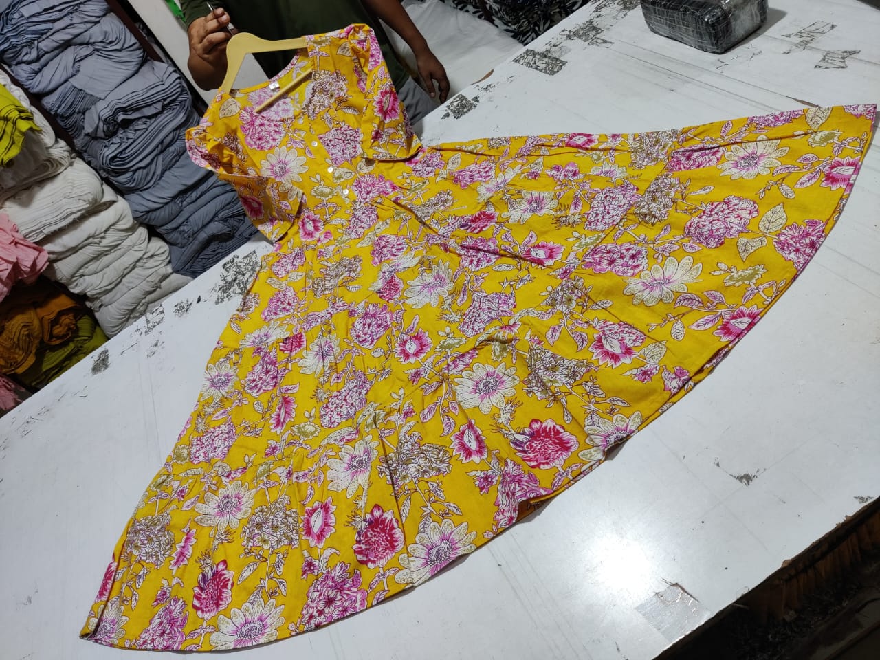 Elegant Printed Yellow Cotton Midi Dress