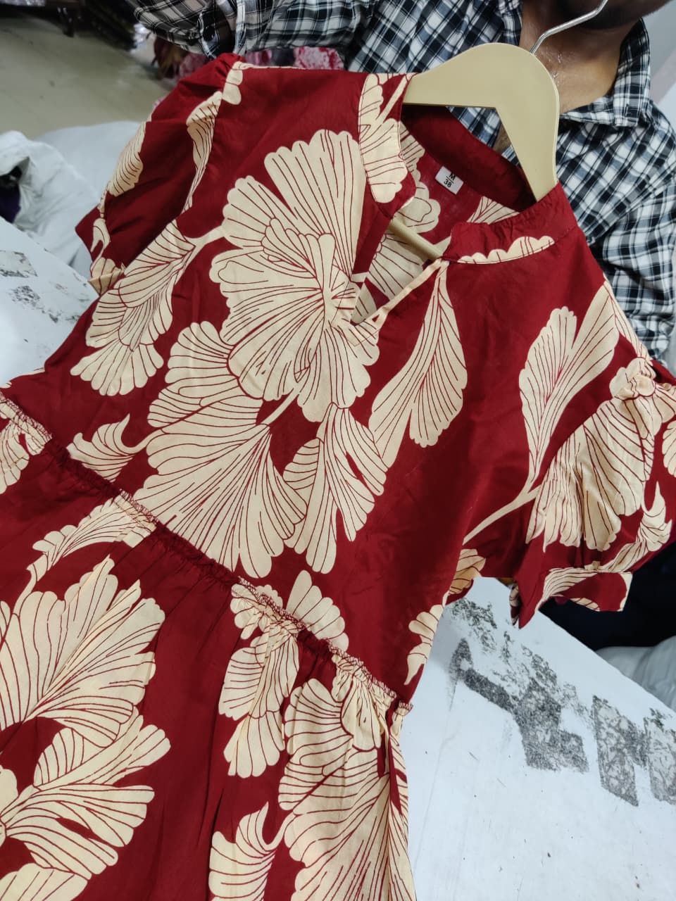 Elegant Printed Red Cotton Midi Dress