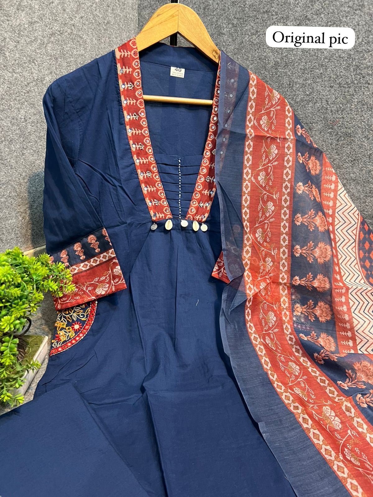 Blue Jaipuri Cotton Kurta Pant Dupatta Set