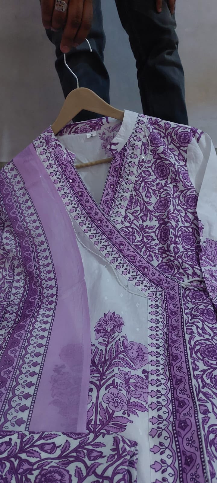 Stylish Purple Angrakha Style Block Print Cotton Kurta Set