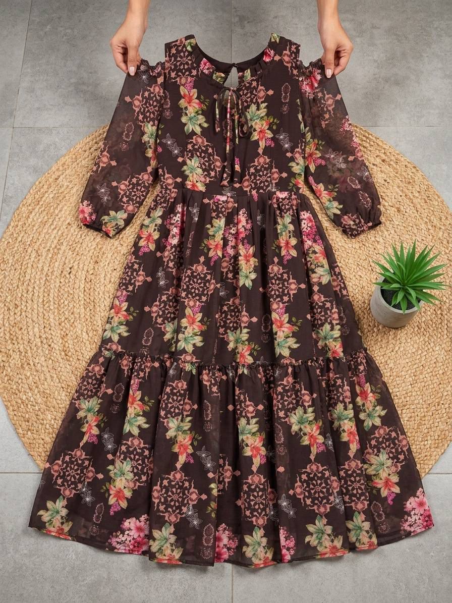 Floral Brown Chiffon Maxi Dress