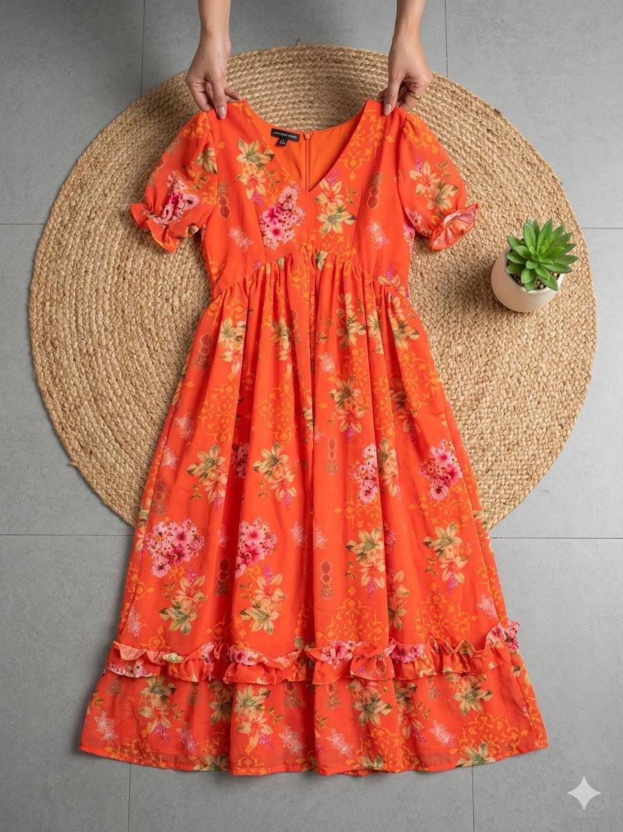 Orange floral dress held by a person on a gray floor with a woven mat and plant.