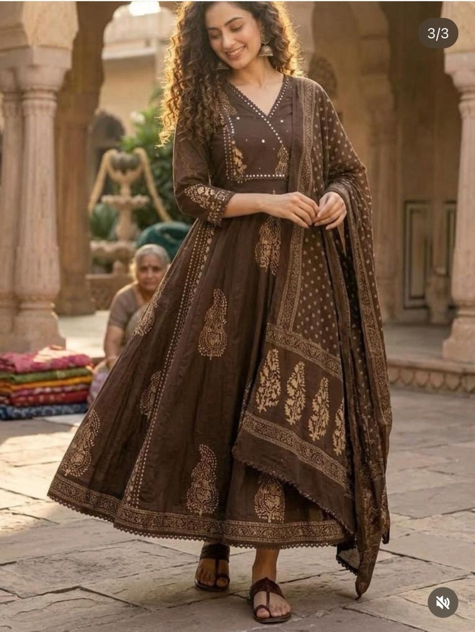 Angrakha Style Brown Anarkali Cotton Kurta Set