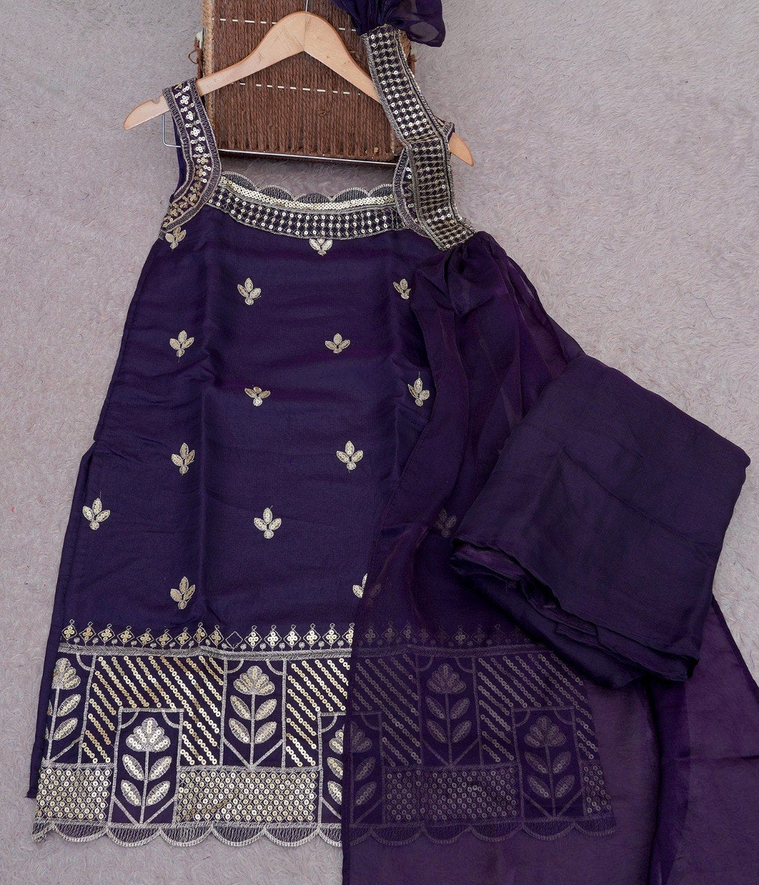 Stylish Embroidered Wine Palazzo Suit Set