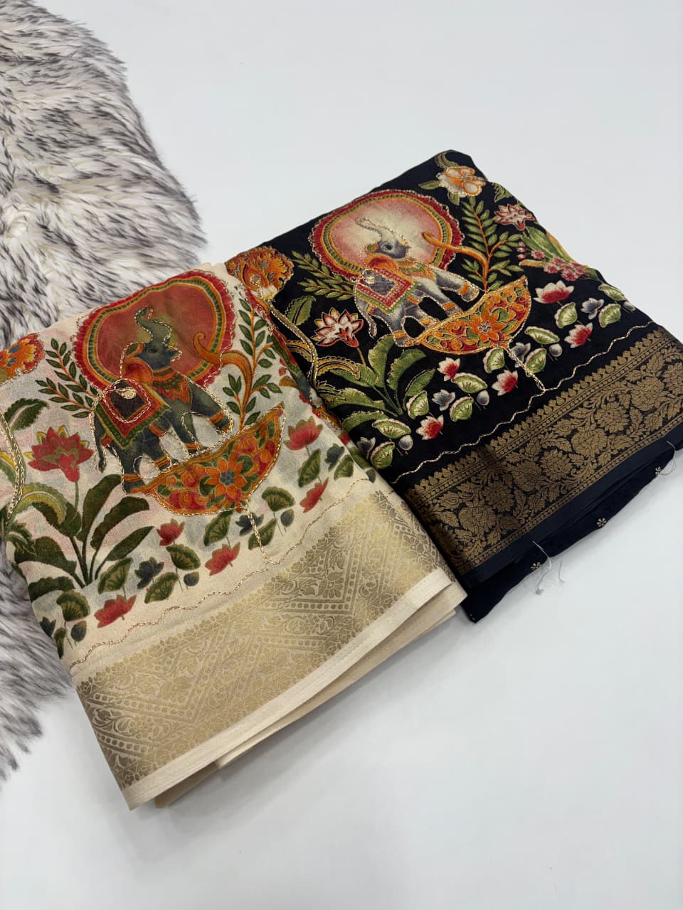 Elegant Printed Marsh Mellow Silk Saree With Mirror & Aari Work