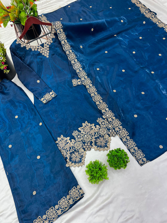 Elegant Silk Embroidered Sequined Kurta Set