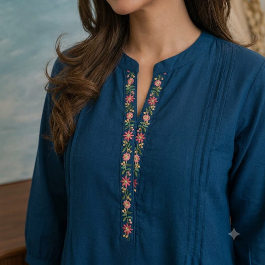Elegant Blue Embroidered Cotton Co-ord Set