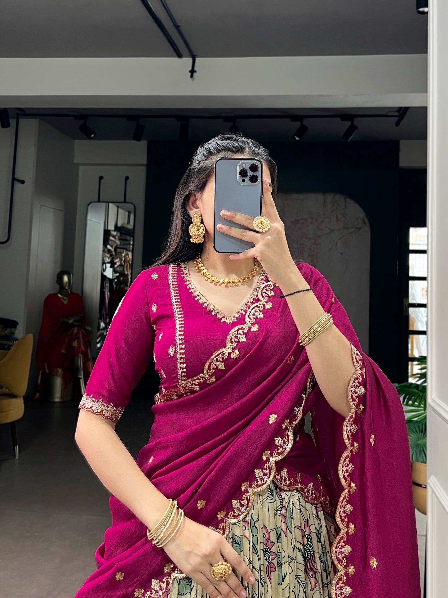 Designer Tasar Silk Kalamkari Lehenga Set