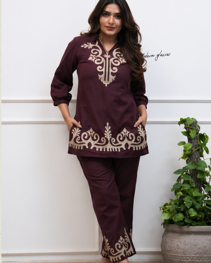 Unique Wine Embroidered Co-ord Set