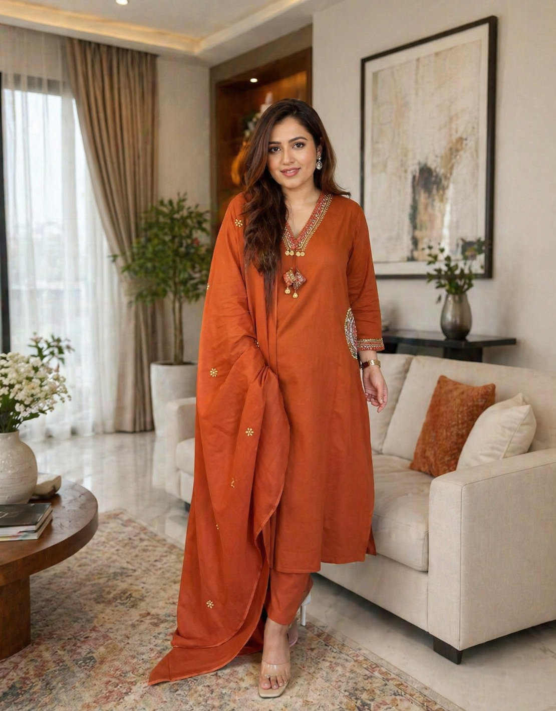 Premium Embroidered Dhabu Cotton Kurta 3-piece Set