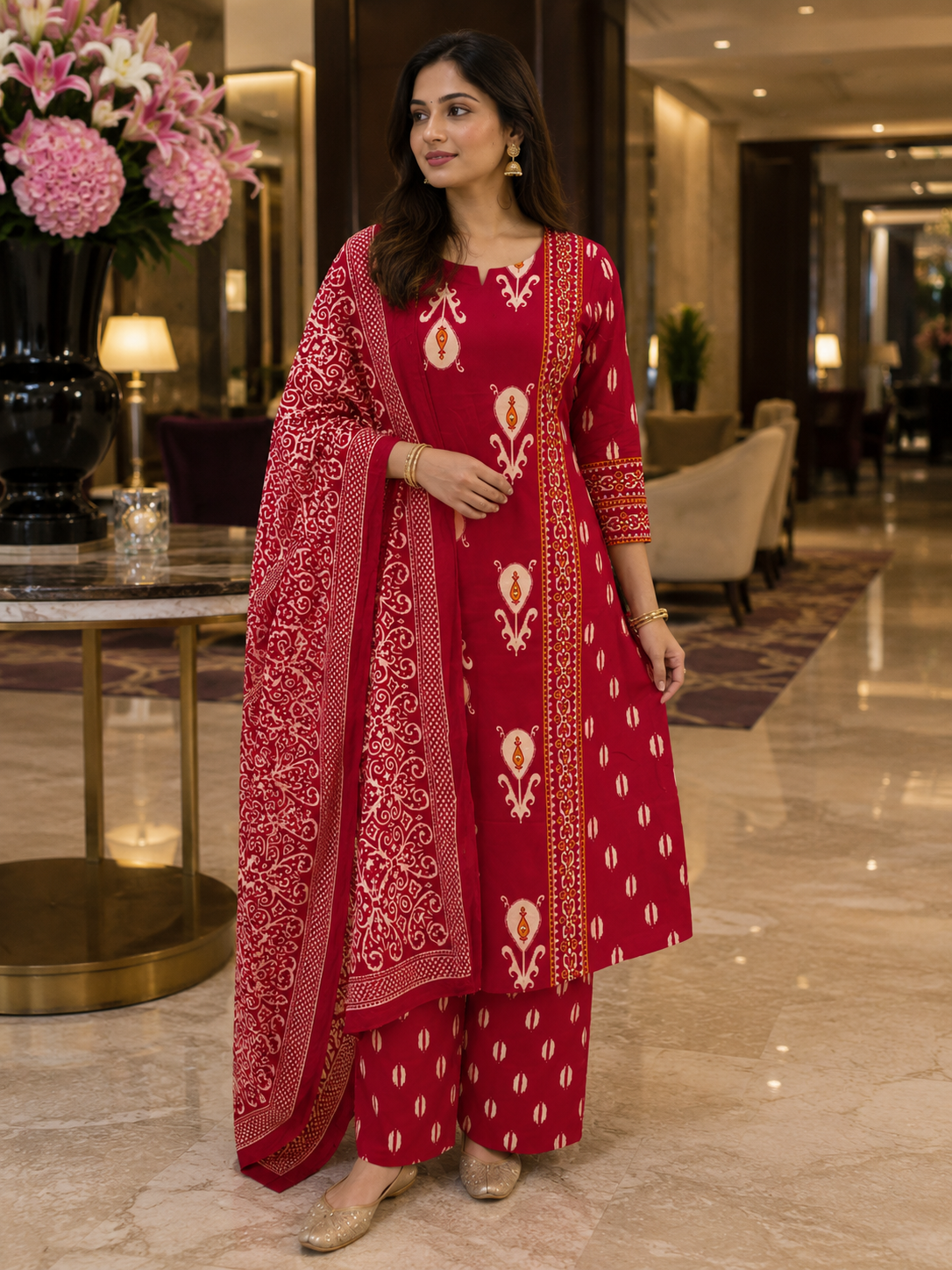 Red Sanganeri Print Anarkali Cotton Kurta Set