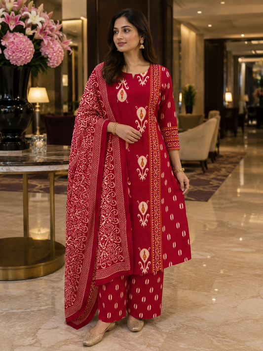 Red Sanganeri Print Anarkali Cotton Kurta Set