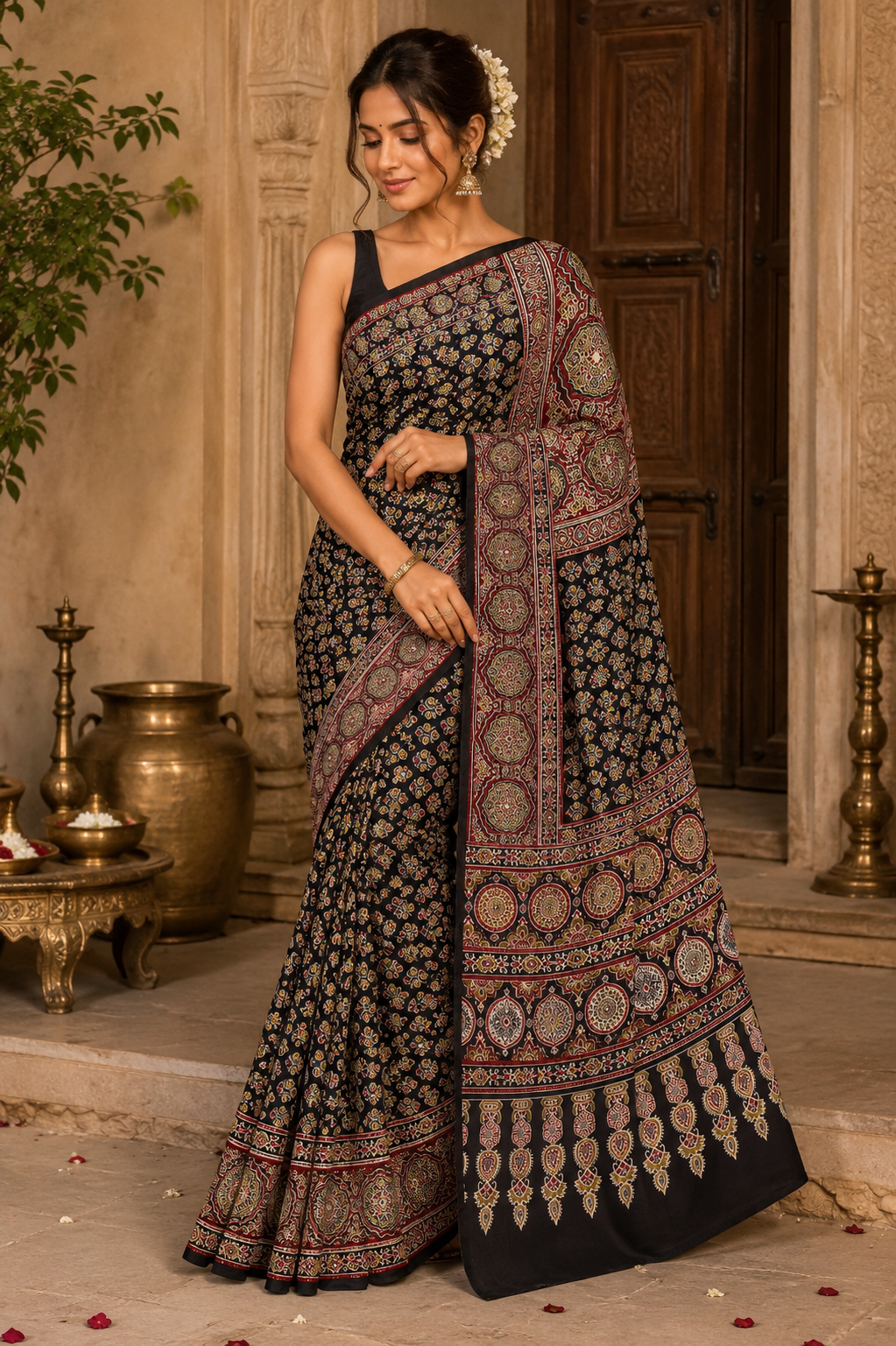 Ajrakh Soft Crepe Mirror Work Saree