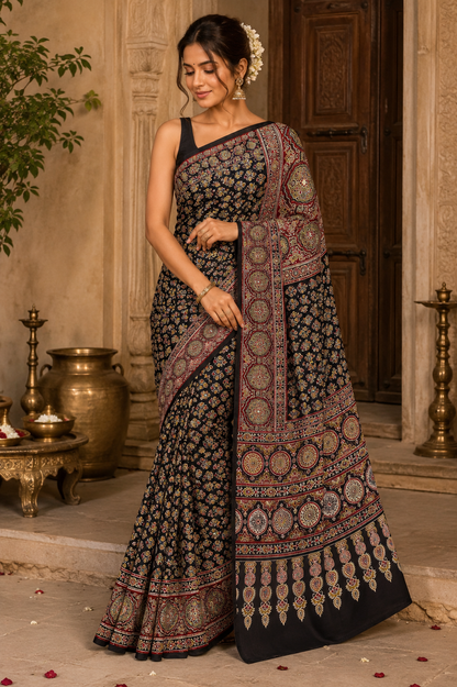 Ajrakh Soft Crepe Mirror Work Saree