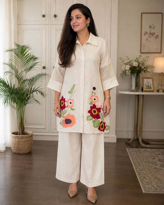Elegant Cotton Co-ord Set With Jute-Inspired Embroidery