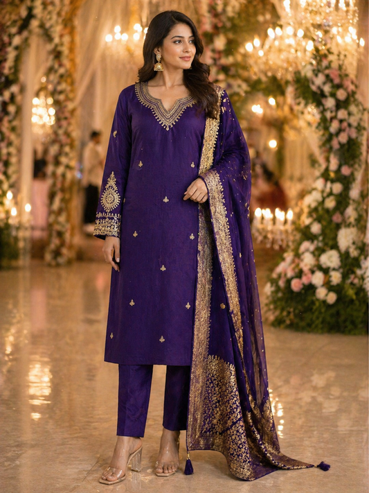 Royal Purple Beautiful Heavy Zari Suit Set