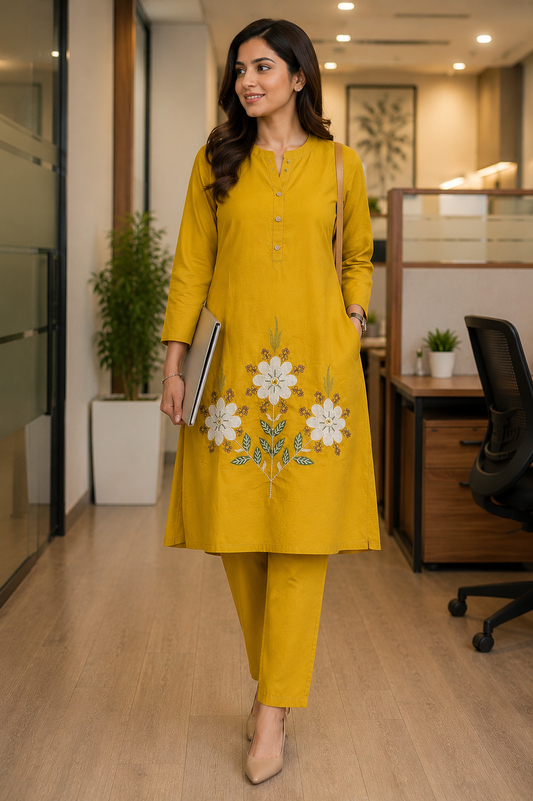 Embroidered Yellow Cotton Co-ord Set