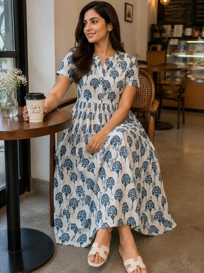 Colourful Blue Cotton Midi Dress