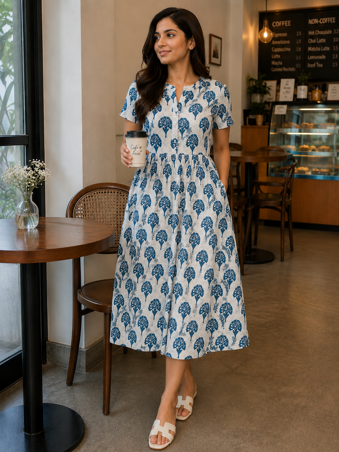 Colourful Blue Cotton Midi Dress