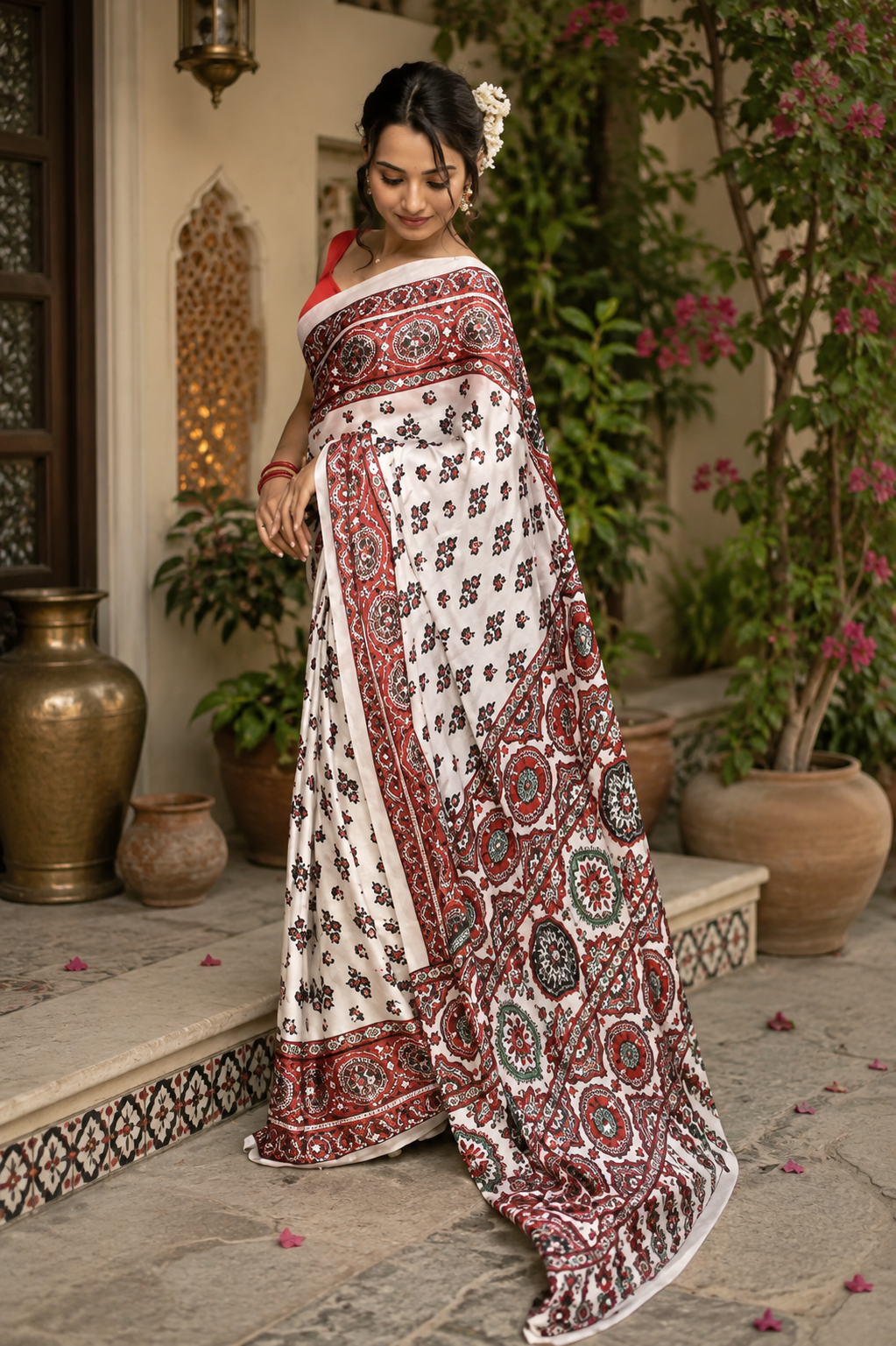 Stunning Ajrakh Gajji Crepe Silk Saree With Mirror Work