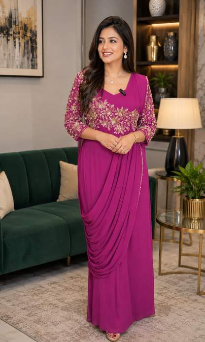 Trending Stylish Embroidered Draped Gown