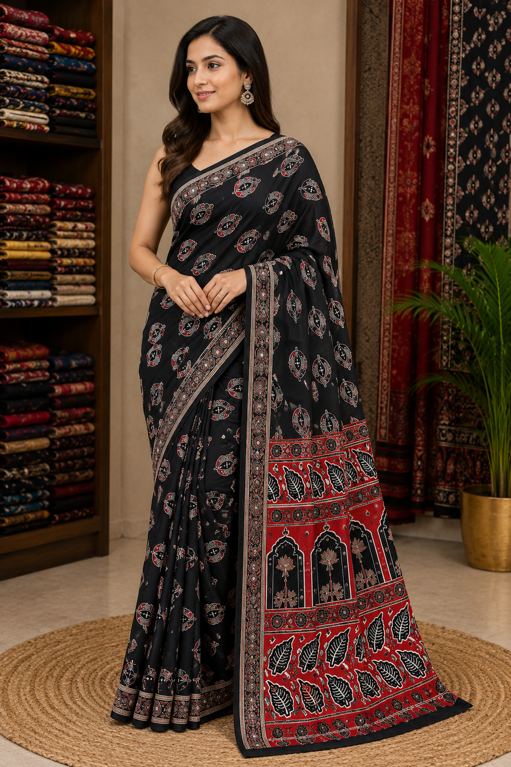 Ajrakh Mirror Work Satin Silk Saree