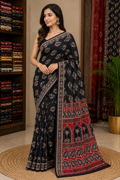 Ajrakh Mirror Work Satin Silk Saree