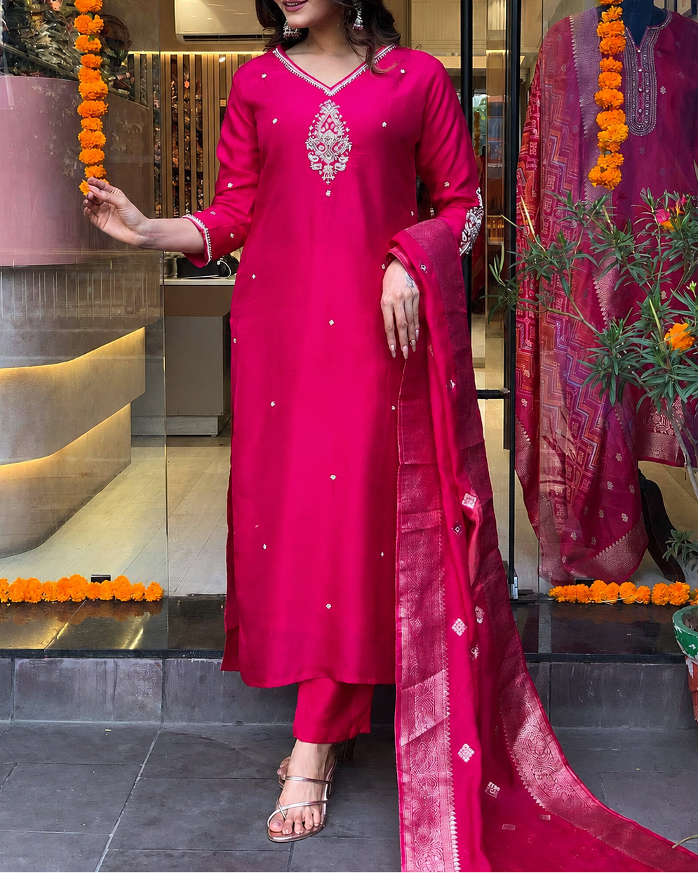 Designer Silk Kurta Set With Handwork Details