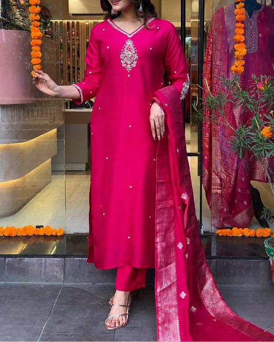 Designer Silk Kurta Set With Handwork Details