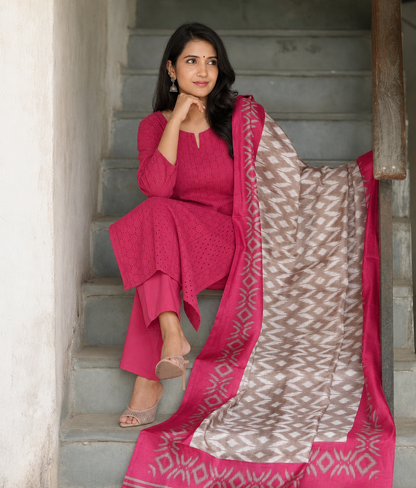 Beautiful Schiffli Embroidery Cotton Kurta Set