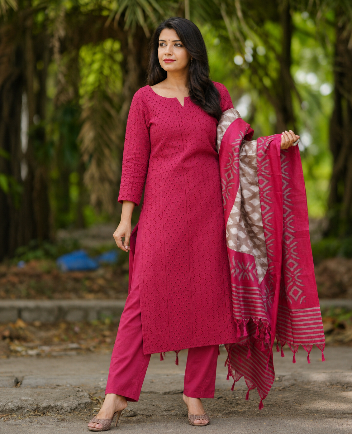 Beautiful Schiffli Embroidery Cotton Kurta Set
