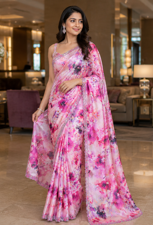 Gorgeous Heavy Satin Digital Print Georgette Saree